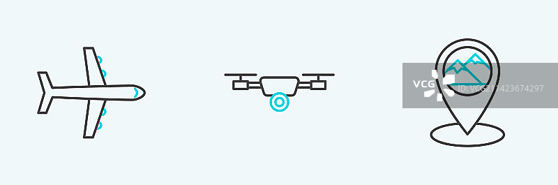 带山脉和飞机的线条地图指针图片素材