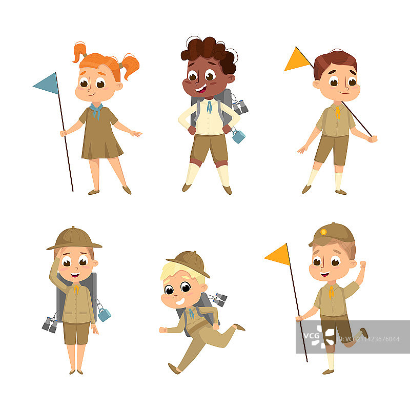 穿着卡其色制服的小男孩和小女孩童子军图片素材