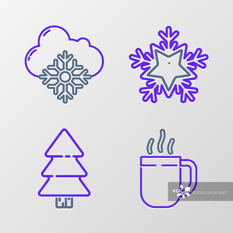 咖啡杯、圣诞树和雪花线条组合图片素材