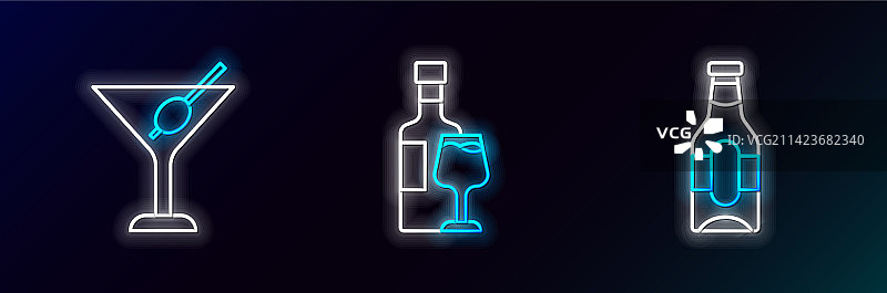 啤酒瓶、马提尼酒杯和葡萄酒线条组合图片素材