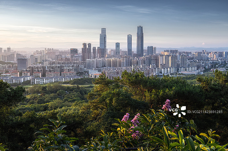 从青秀山观音禅寺眺望繁华的东盟商务区CBD图片素材