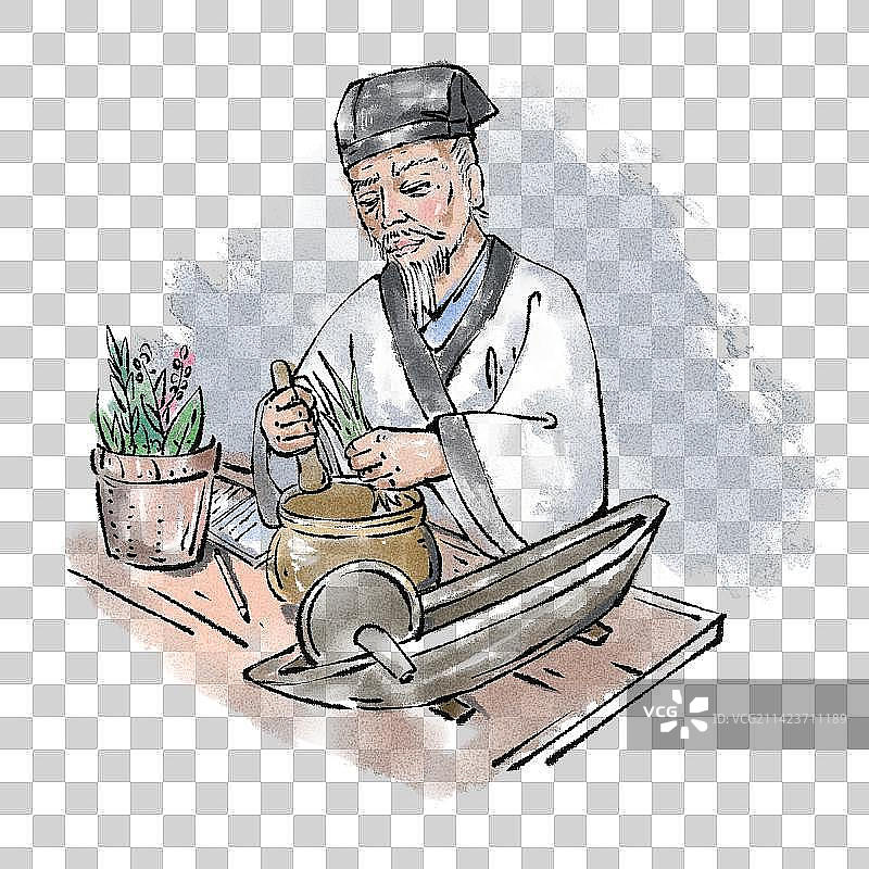 水墨风老中医郎中捣药图片素材
