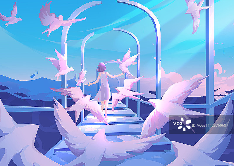 旅行中的女孩与飞鸟图片素材