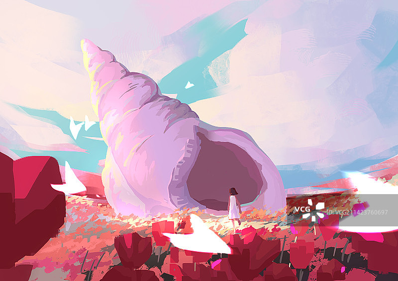 花海里奔跑的女孩遇到了一只海螺图片素材