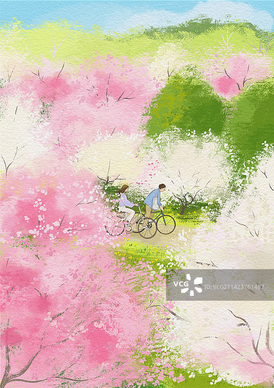 手绘春日花海情侣自行车骑行郊游春天开花插画图片素材