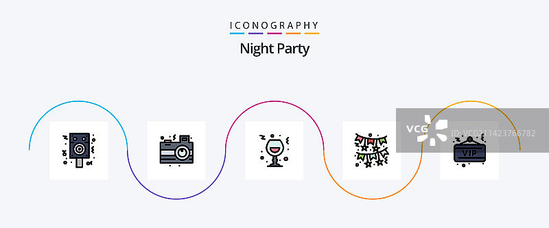夜间派对线性填充扁平图标设计（5个装）图片素材