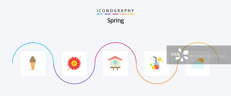 春季扁平风格太阳天空小鸟图标套装图片素材