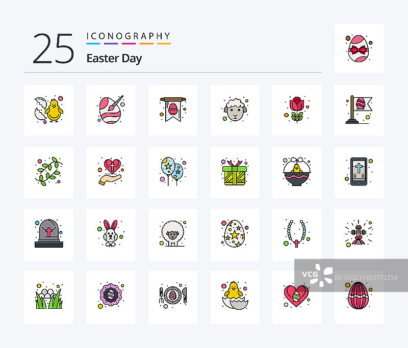 复活节25线性填充图标包，包括花朵图片素材