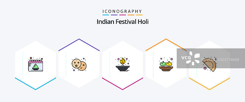 洒红节25个线性填充图标包（含食物，印度）图片素材