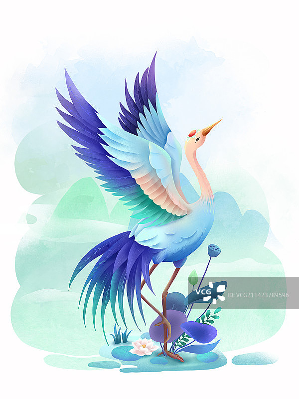 新国潮小清新仙鹤荷花戏水图图片素材