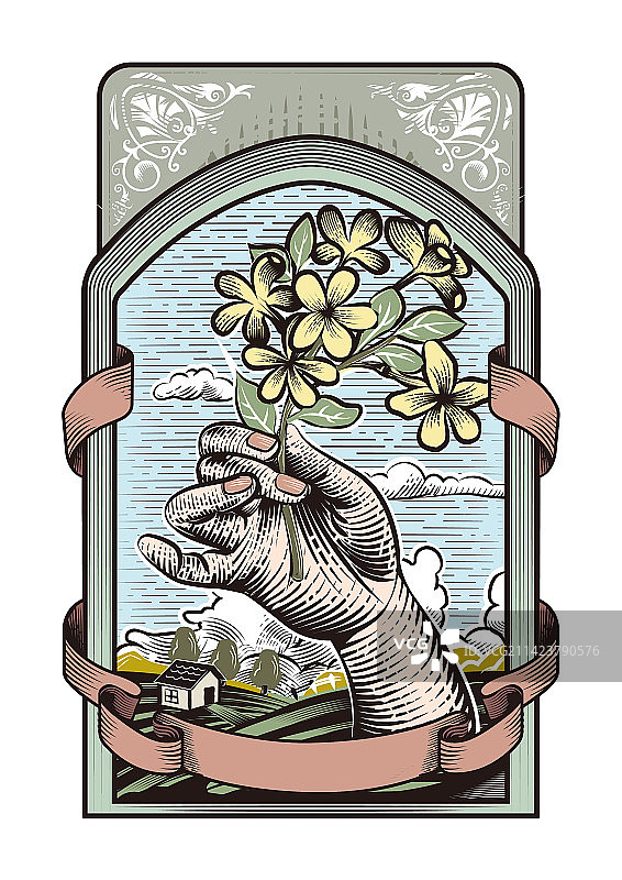 欧式复古版画风春天的花红酒标签设计图片素材