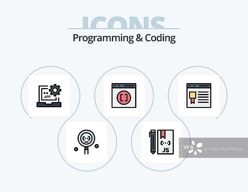 5个编程和编码线性填充图标包图片素材