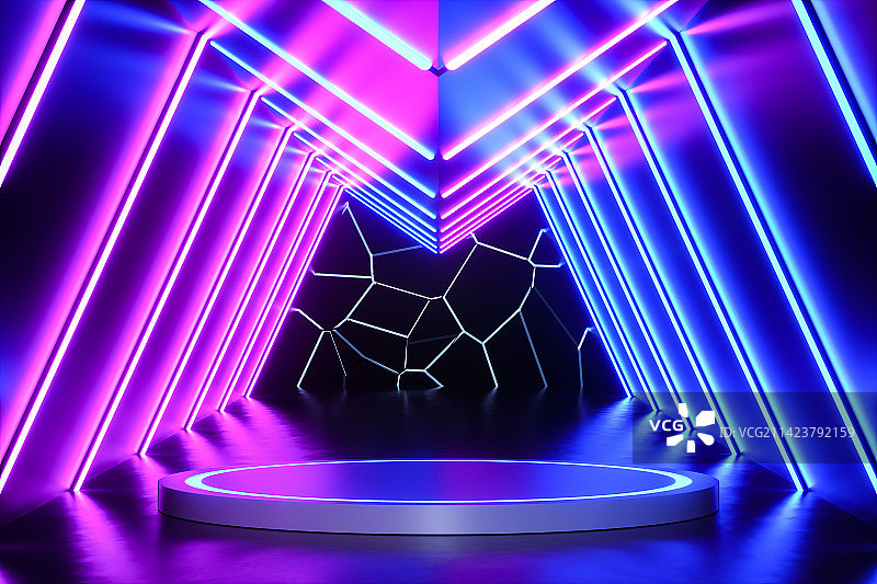 3D渲染混凝土水泥建筑室内霓虹空间背景图片素材