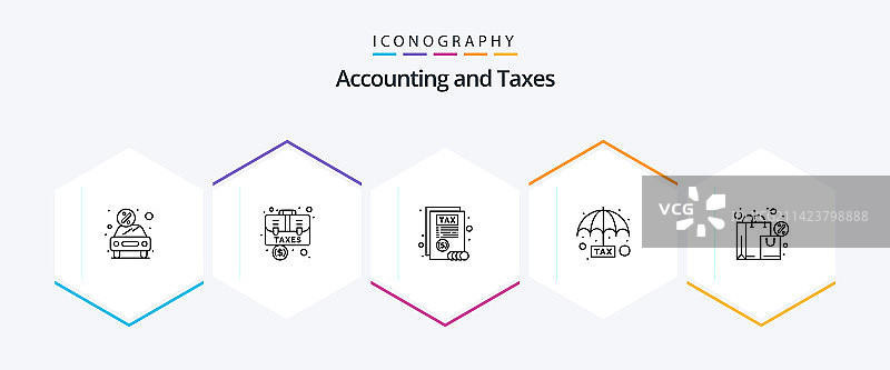 含购物袋方案的25个税务线性图标包图片素材