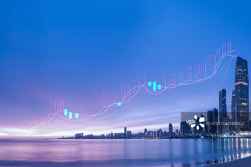 山东省青岛市城市建筑与股市K线图图片素材