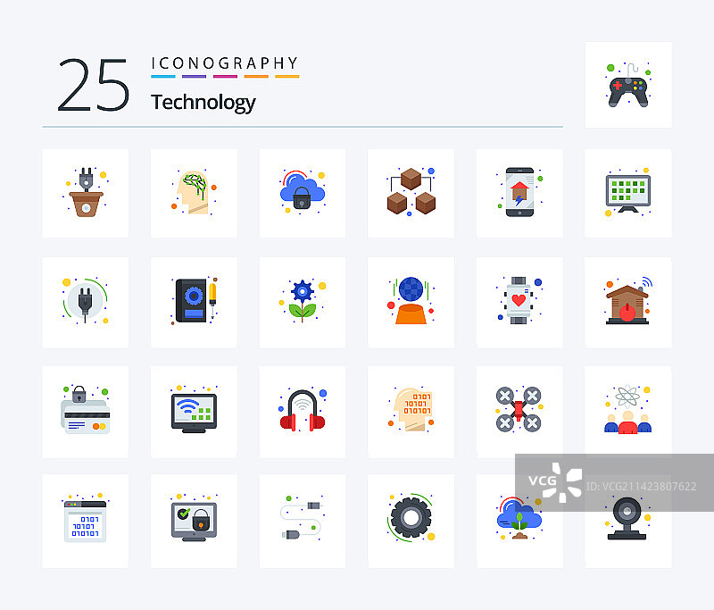 包含家庭的25个扁平彩色科技图标包图片素材