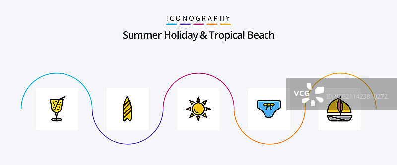 包含交通工具的海滩线条填充风格图标套装图片素材