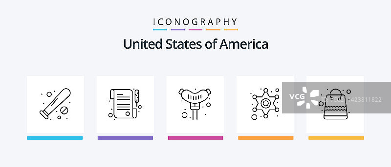 美国线条5图标包，包括瓶子薯条美国图片素材