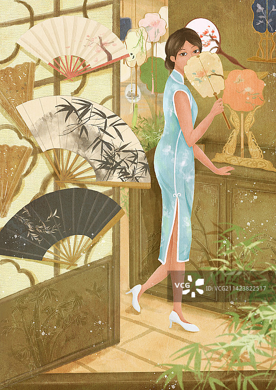 古风旗袍女子拿着扇子图片素材