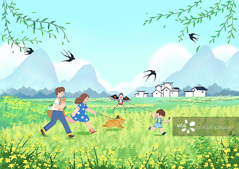 一家人放风筝遛狗春季燕子油菜花田图片素材
