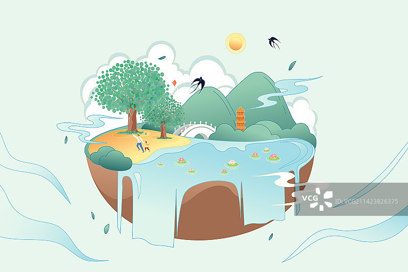 卡通春分节气惊蛰春游旅行旅游大自然放风筝公园游湖风光风景亲子游家人情侣春天春季中国风国潮渐变矢量插画图片素材
