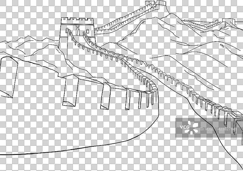 北京地标古建筑万里长城线稿免抠手绘素材图片素材