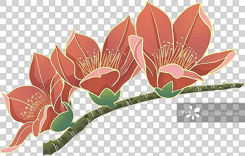广州市花枝头一簇三朵红色杜鹃花国风手绘免抠元素图片素材