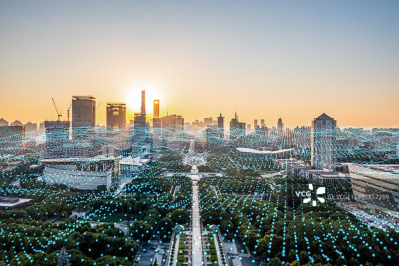 上海科技馆远眺陆家嘴金融区日落火烧云大数据科技概念图片素材