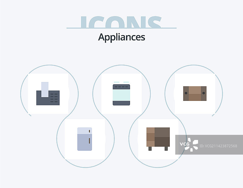 扁平风格家电图标包，含5个烤箱燃气灶设计图标图片素材