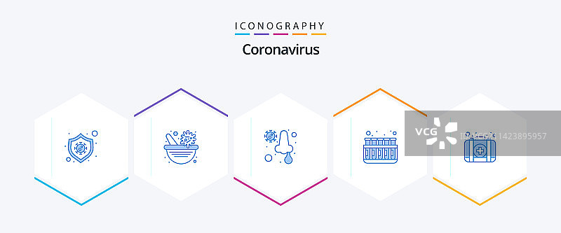25个蓝色冠状病毒图标包，包含试剂盒和实验室图片素材