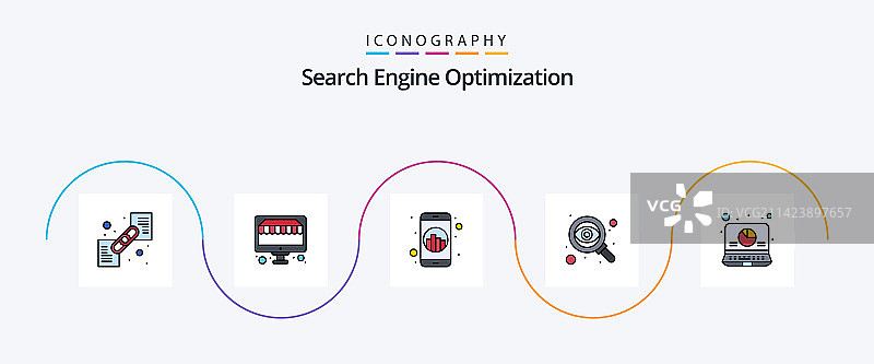 SEO线性填充扁平5图标包，包含数据图片素材