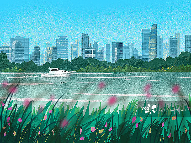 湖边的叶子和远处的城市建筑群图片素材