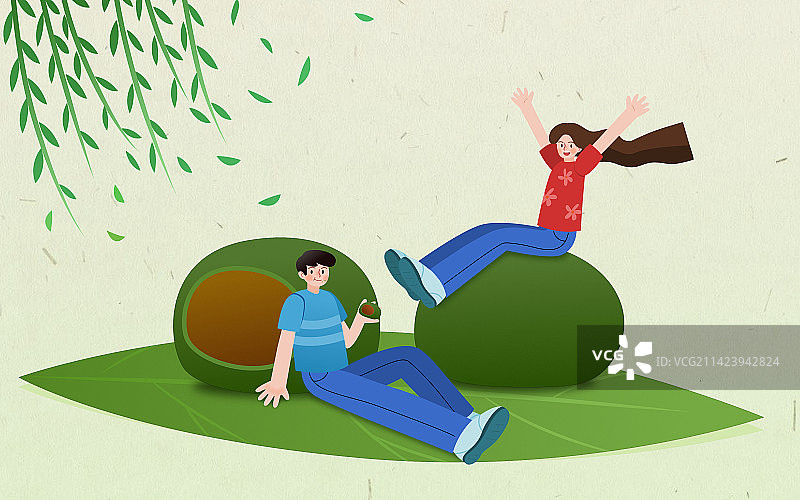 清明节吃青团的男孩和女孩卡通清新插画图片素材