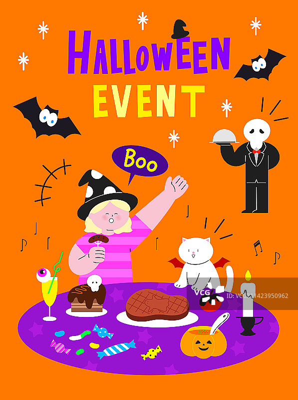 万圣节年度活动：猫、牛排、糖果、蝙蝠、巫婆帽、晚餐图片素材