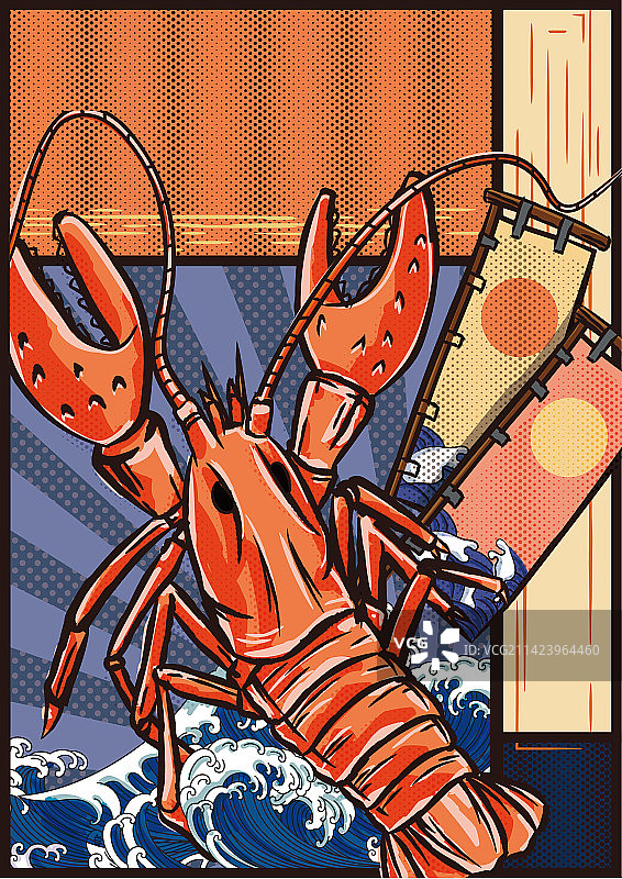 浮世绘风格版画小龙虾图片素材