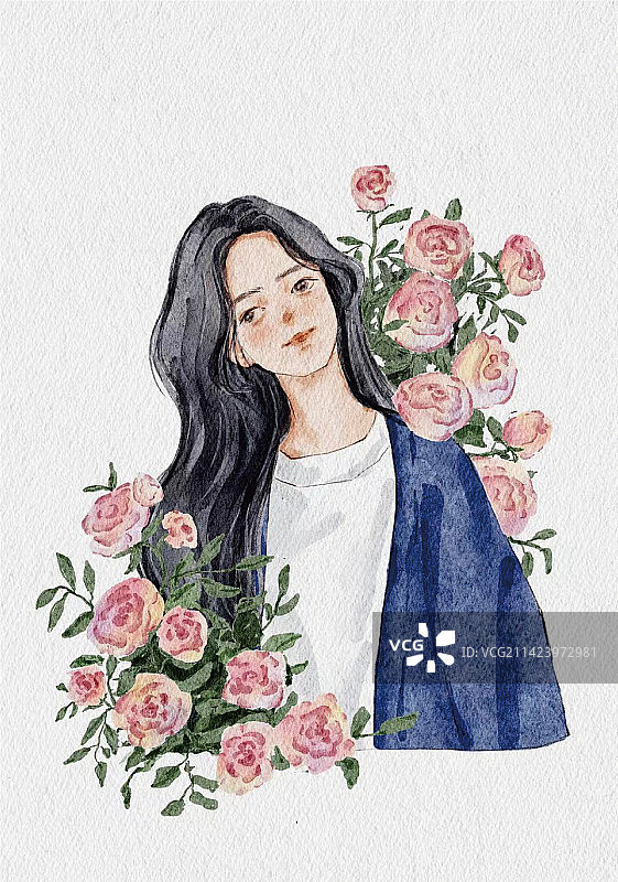 花卉水彩女孩图片素材