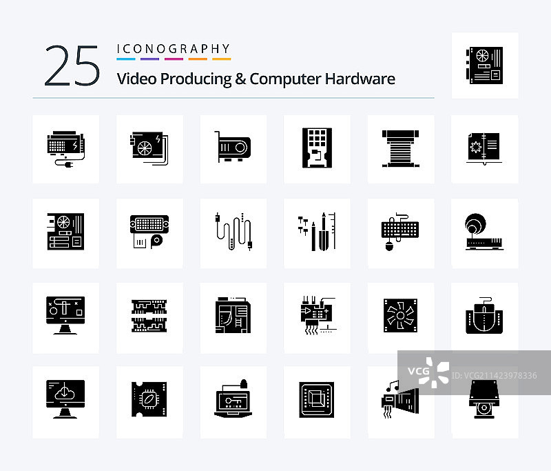 视频制作和计算机硬件25个实心图标图片素材