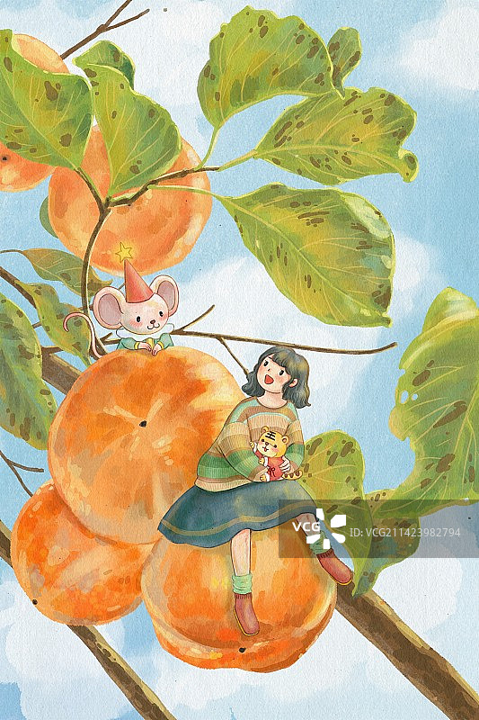 女孩怀抱小老虎和白老鼠一起坐在柿子树上图片素材