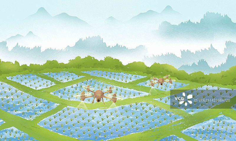 中国风科技农业下在绿色农田喷撒农药的无人机图片素材