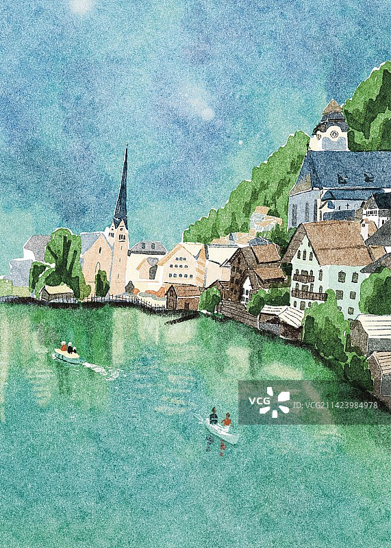 水彩哈尔施塔特图片素材