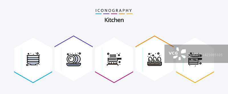 包含鸡蛋的25个填充线性厨房图标包图片素材