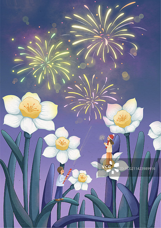 青年站在植物上欣赏夜空中绽放最美的烟花图片素材