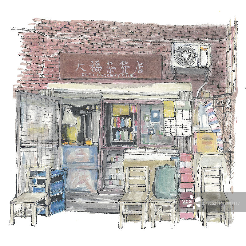 水墨建筑插画-上海街角计划-延庆路图片素材