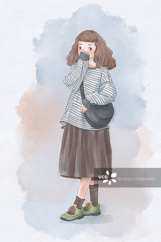 穿条纹衫背包的卷发女孩图片素材