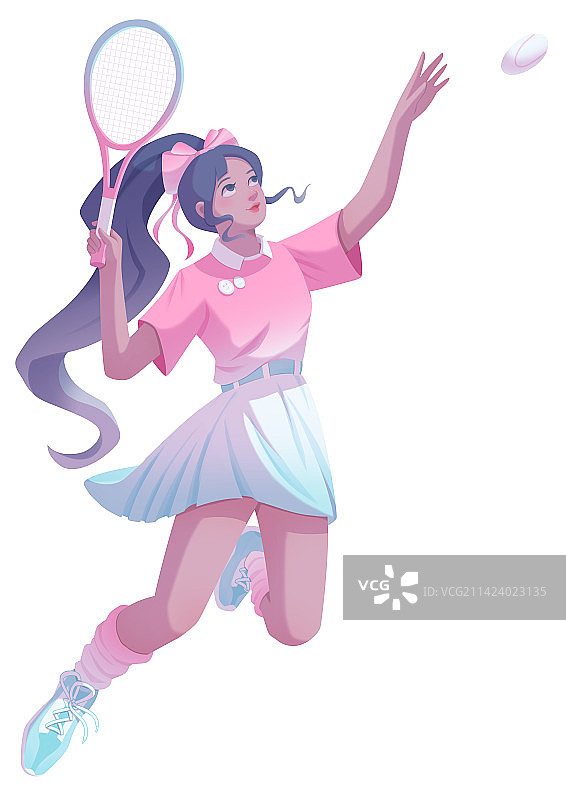 一个梳着马尾穿T恤短裙长袜的女孩在运动图片素材