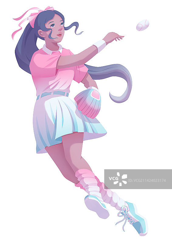 一个梳着马尾穿T恤短裙长袜的女孩在运动图片素材