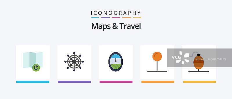 地图与旅行扁平风格5图标包，包含各种元素图片素材