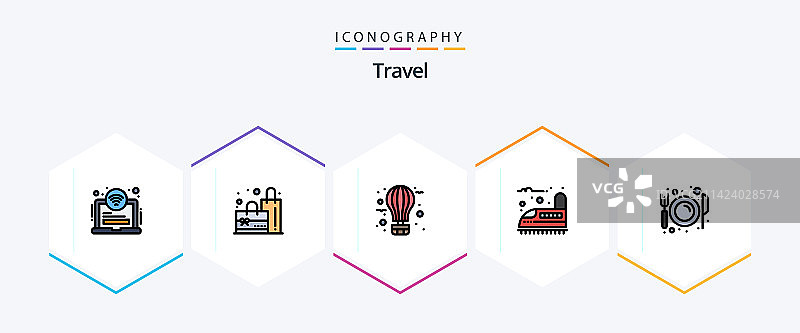 旅行主题25个填充线条图标包，包括餐饮图片素材