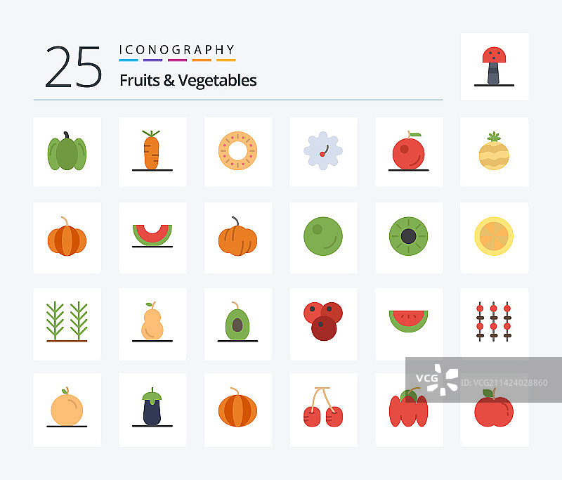 25个扁平风格的彩色水果蔬菜图标包图片素材