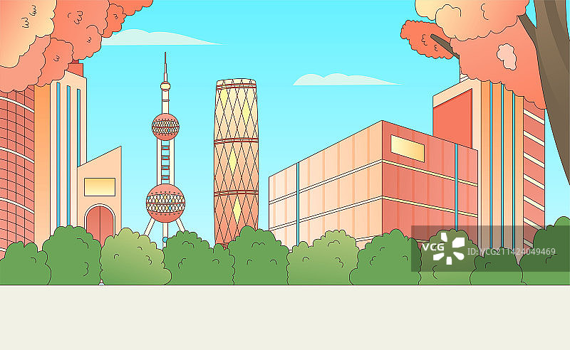 上海广州地标城市天际线建筑背景插画图片素材